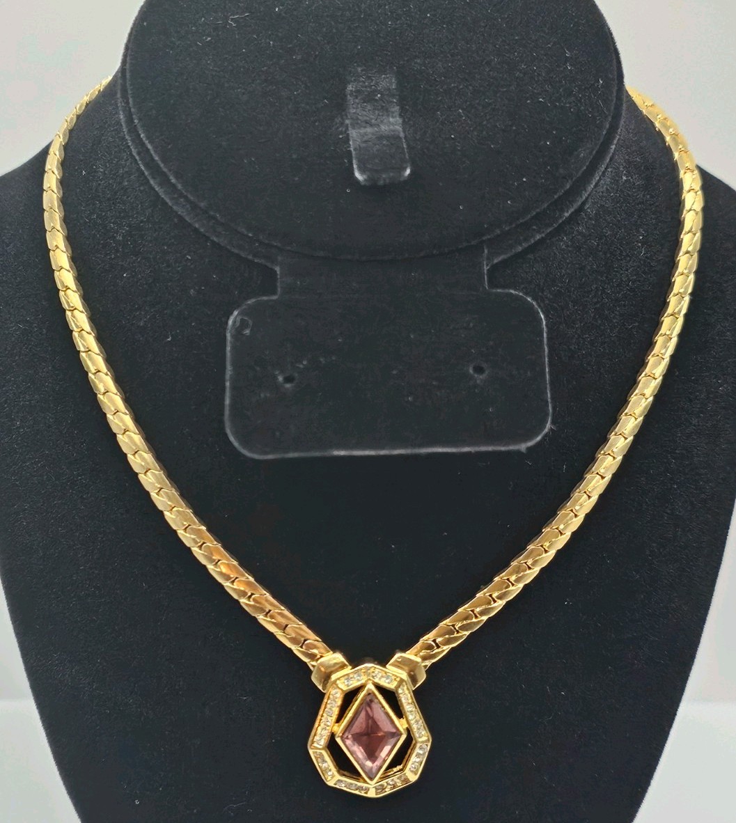Vintage Christian Dior Gold Tone Necklace w/Purple Lozenge Cut Stone