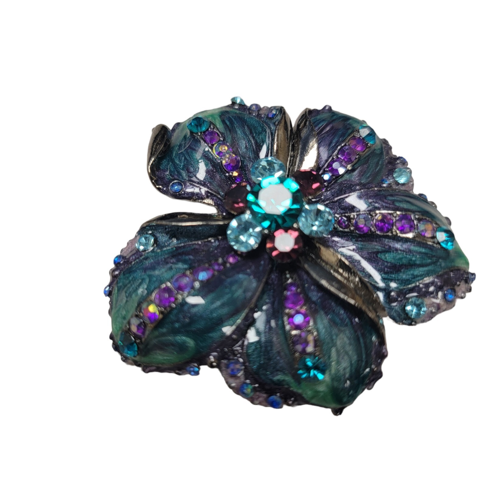 Vtg Estate Brooch 2″ Teal Purple Green Light Blue Rhinestone