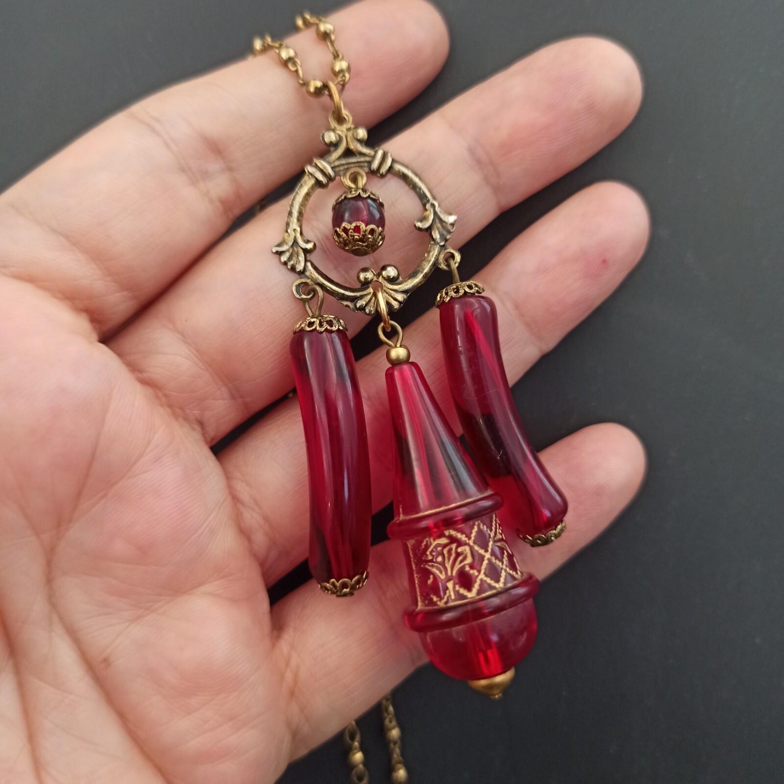 Vintage Red Necklace Rosary Beaded Tassel Long Lucite Art Deco Revival 23″ Boho