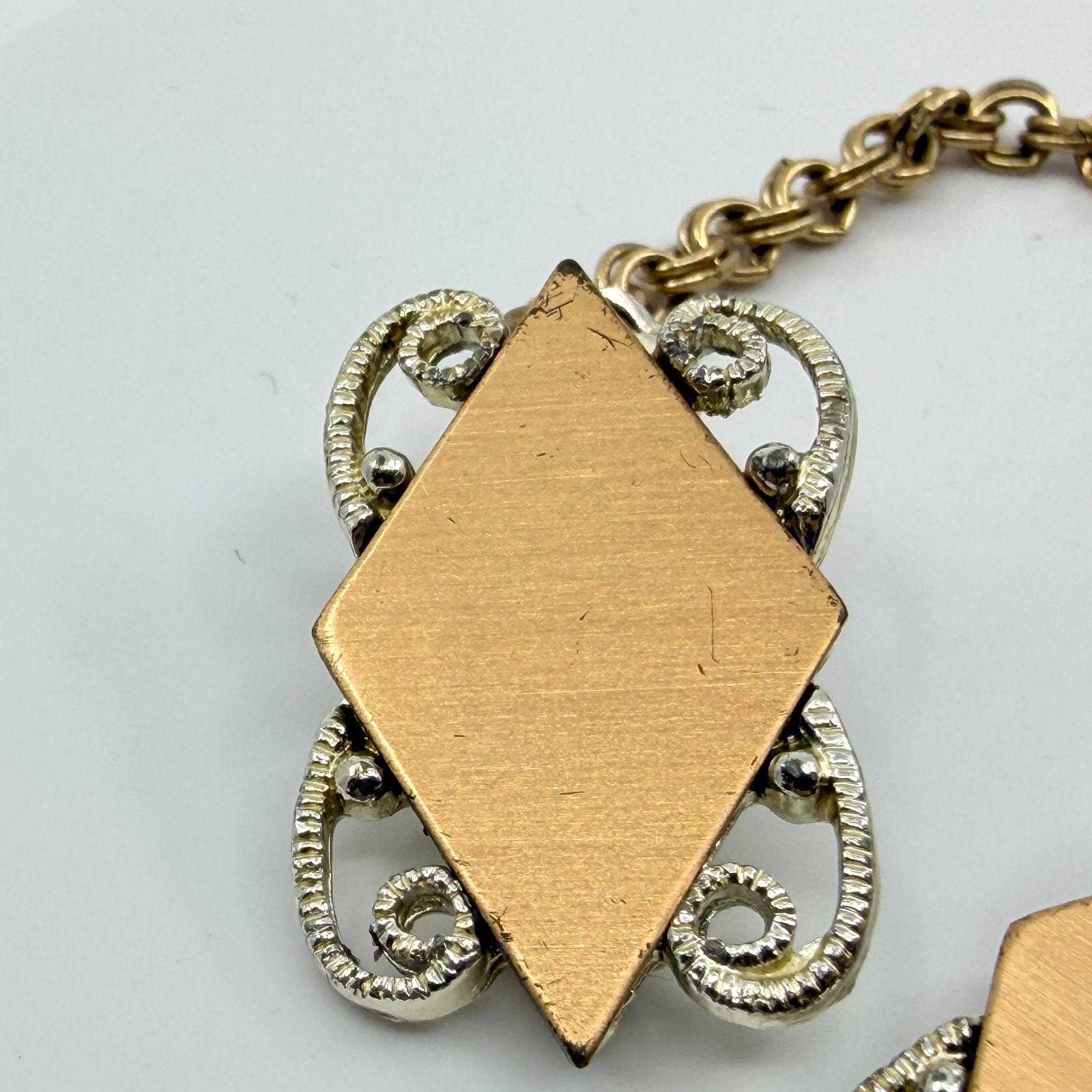 Vintage Mid-Century Two Tone Geometric Lozenge Sweater Guard Cardigan Clip Chain