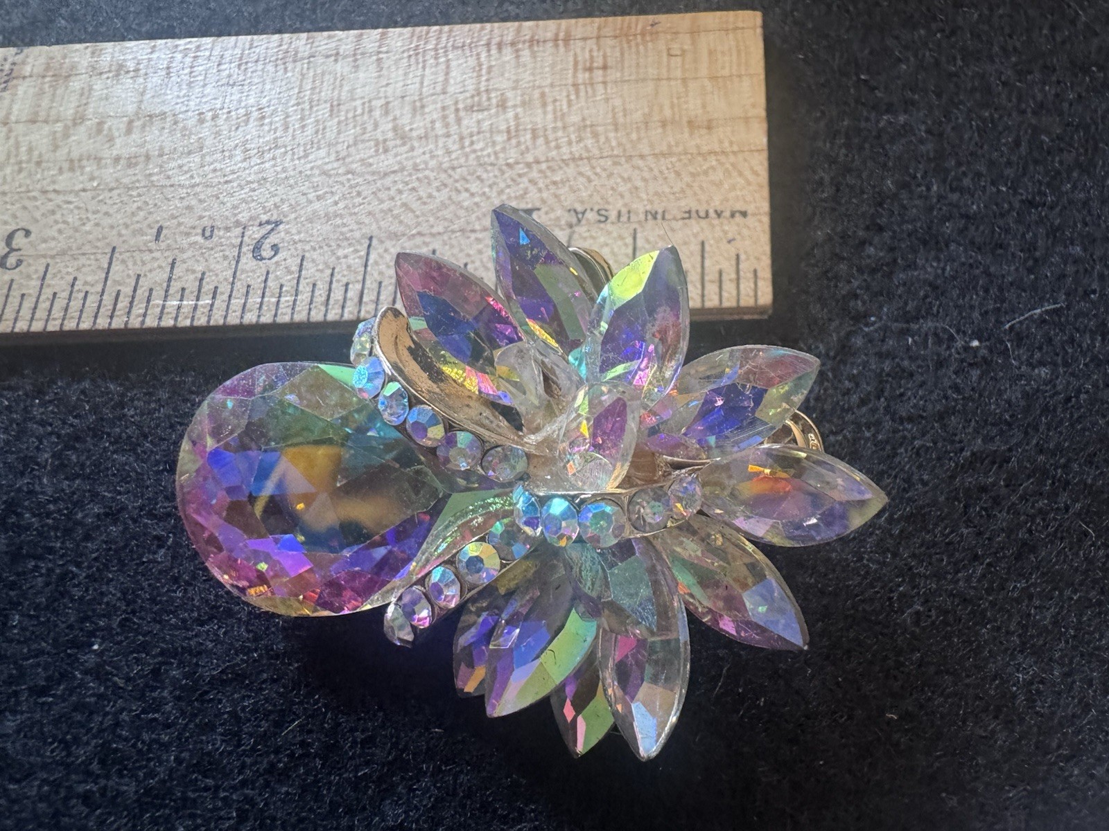 Vintage Aurora Borealis Rhinestone Earrings AB Crystal Floral Unbranded Clip On