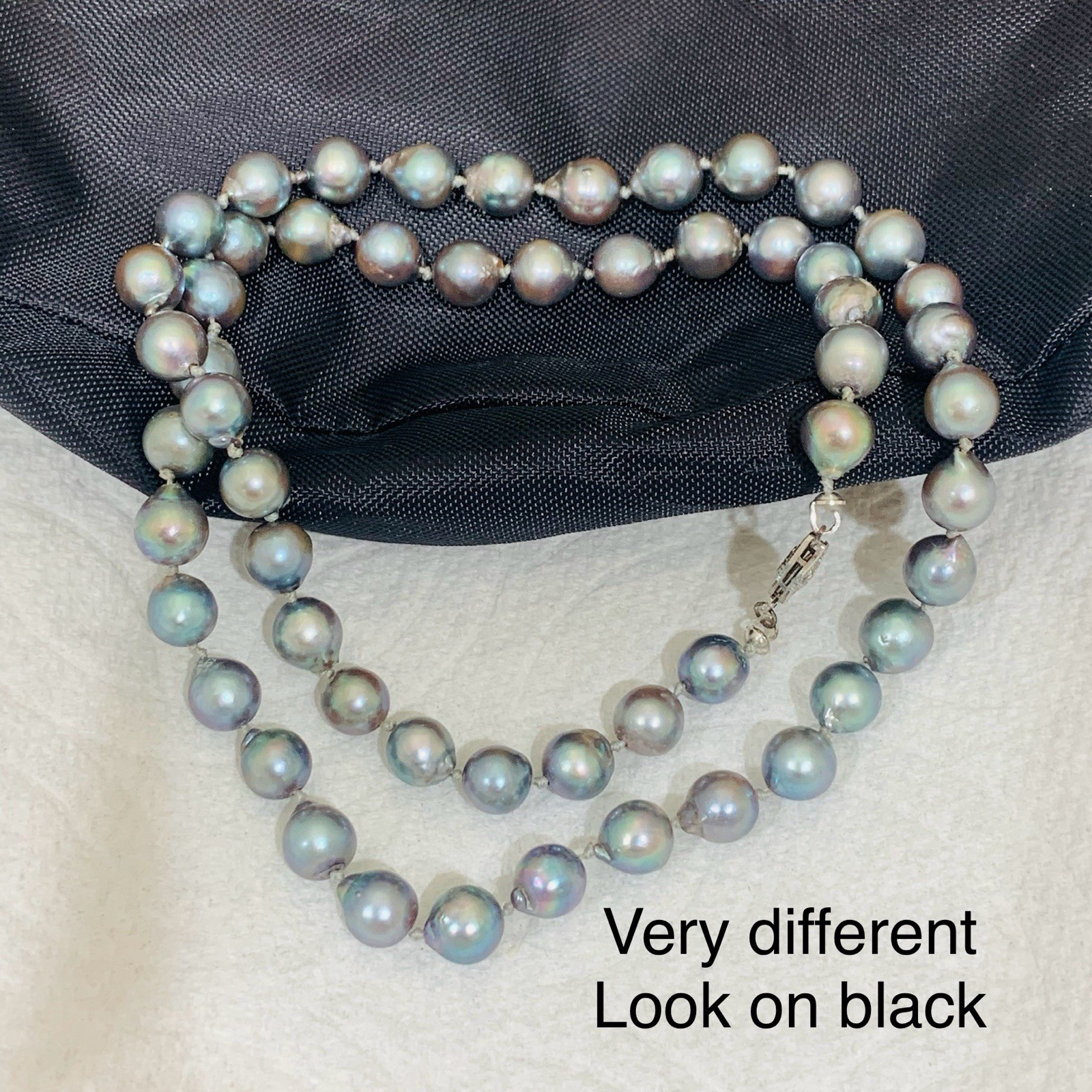VTG BLUE AKOYA PEARL Necklace SET 10k WG 7mm Baroque Saltwater Pin 3″ SILVER 19″