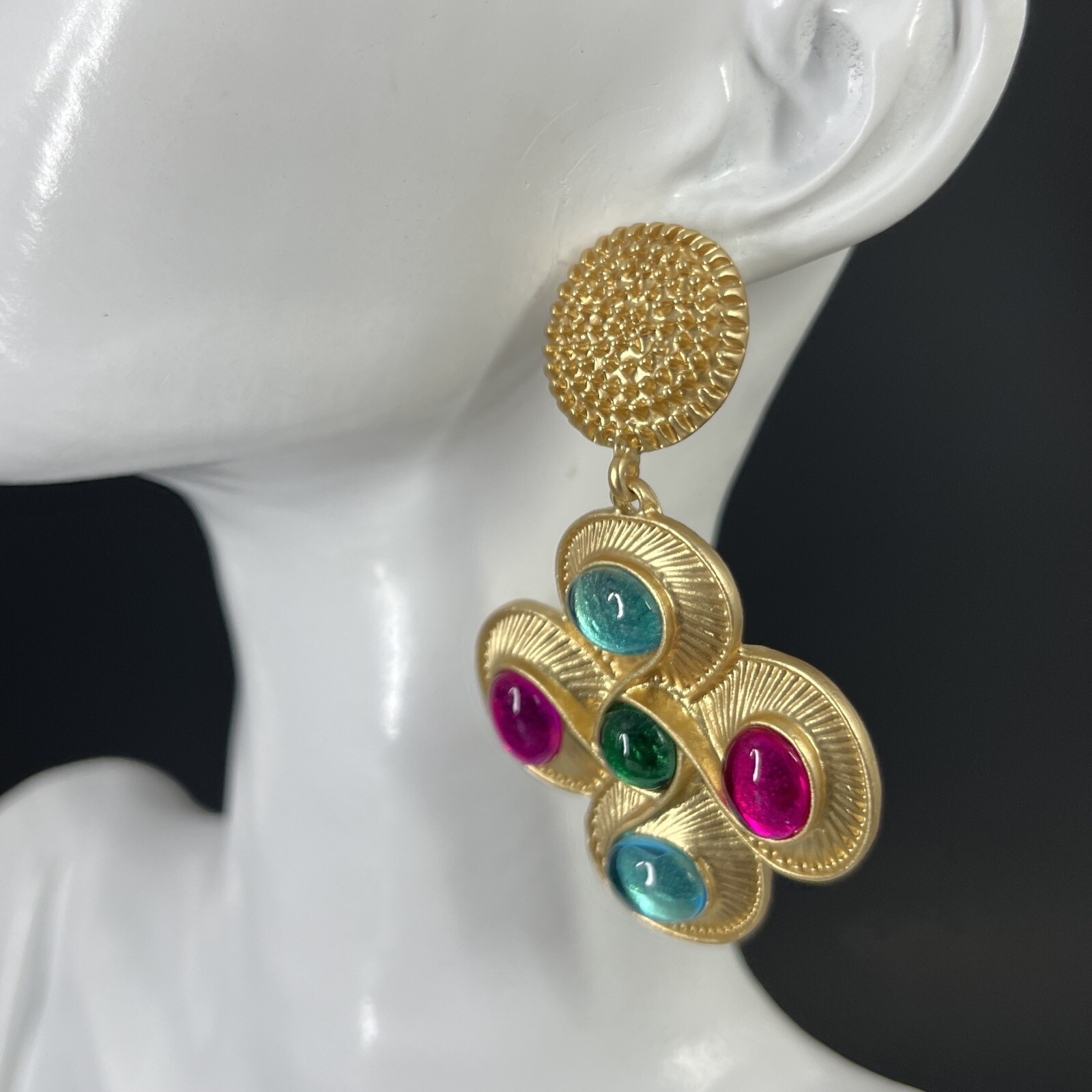 Maltese Cross Gripoix Earrings Glass Cabochon Matte Gold Tone Pierced Pink Blue