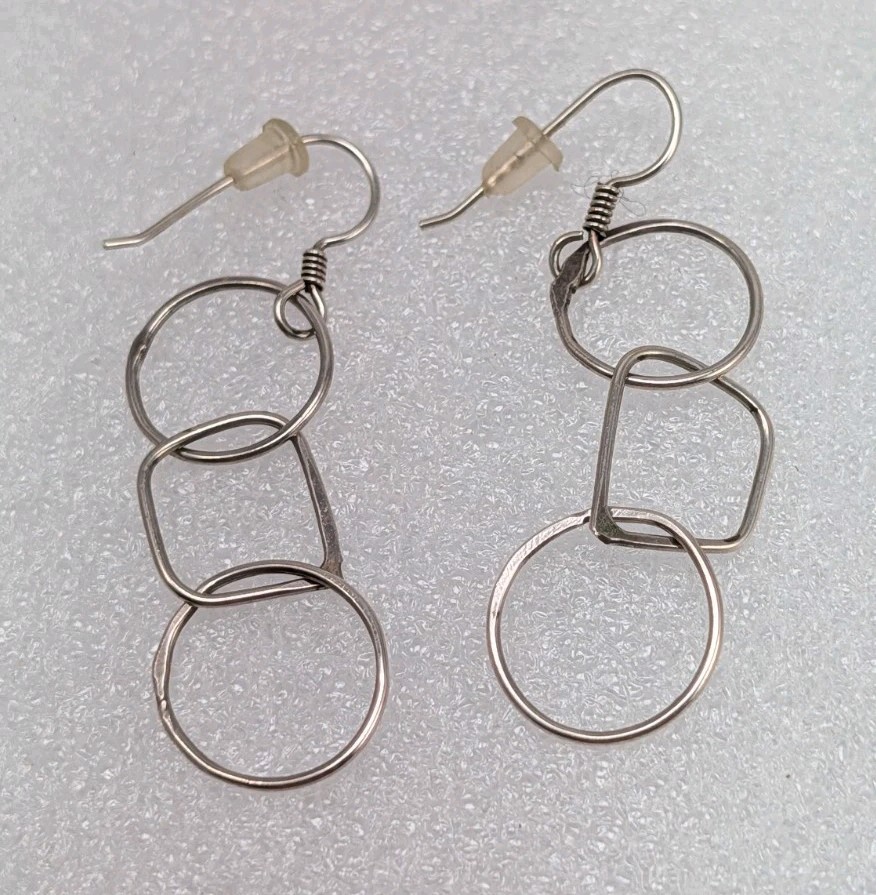 Vintage 90s Sterling Silver 925 Hammered Open Circle Kinetic Dangle Earrings