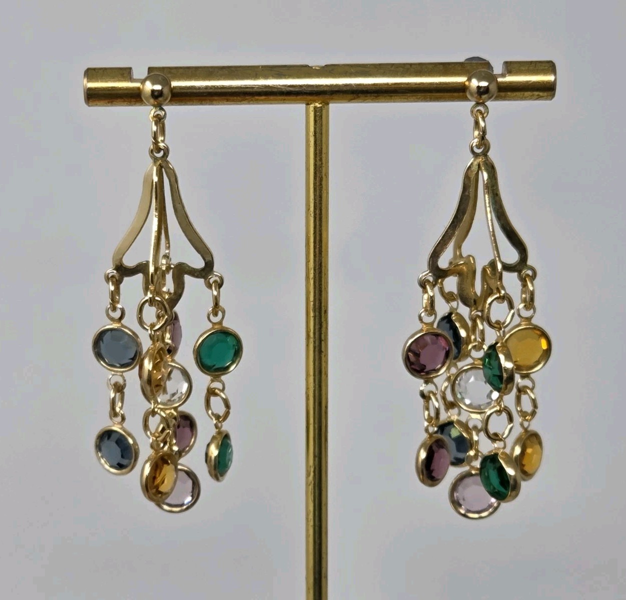 Multicolor Bezel Crystal Dangle Drop Earrings Multi-strand Vintage Unsigned