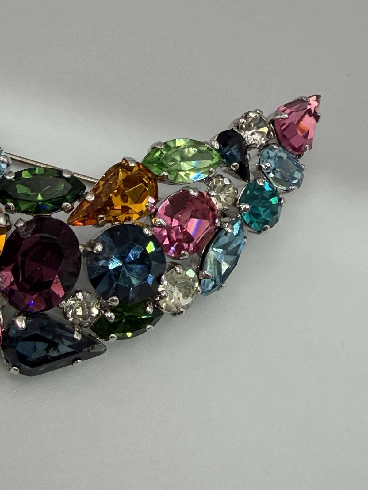 Lg Vintage Austrian Crystal 70s Brooch Brilliant Sparkling Multicolour & Shapes