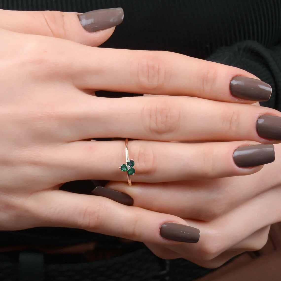 Emerald Gemstone Ring Minimal Solid 14k Rose Gold Diamond Ring Wedding Jewelry