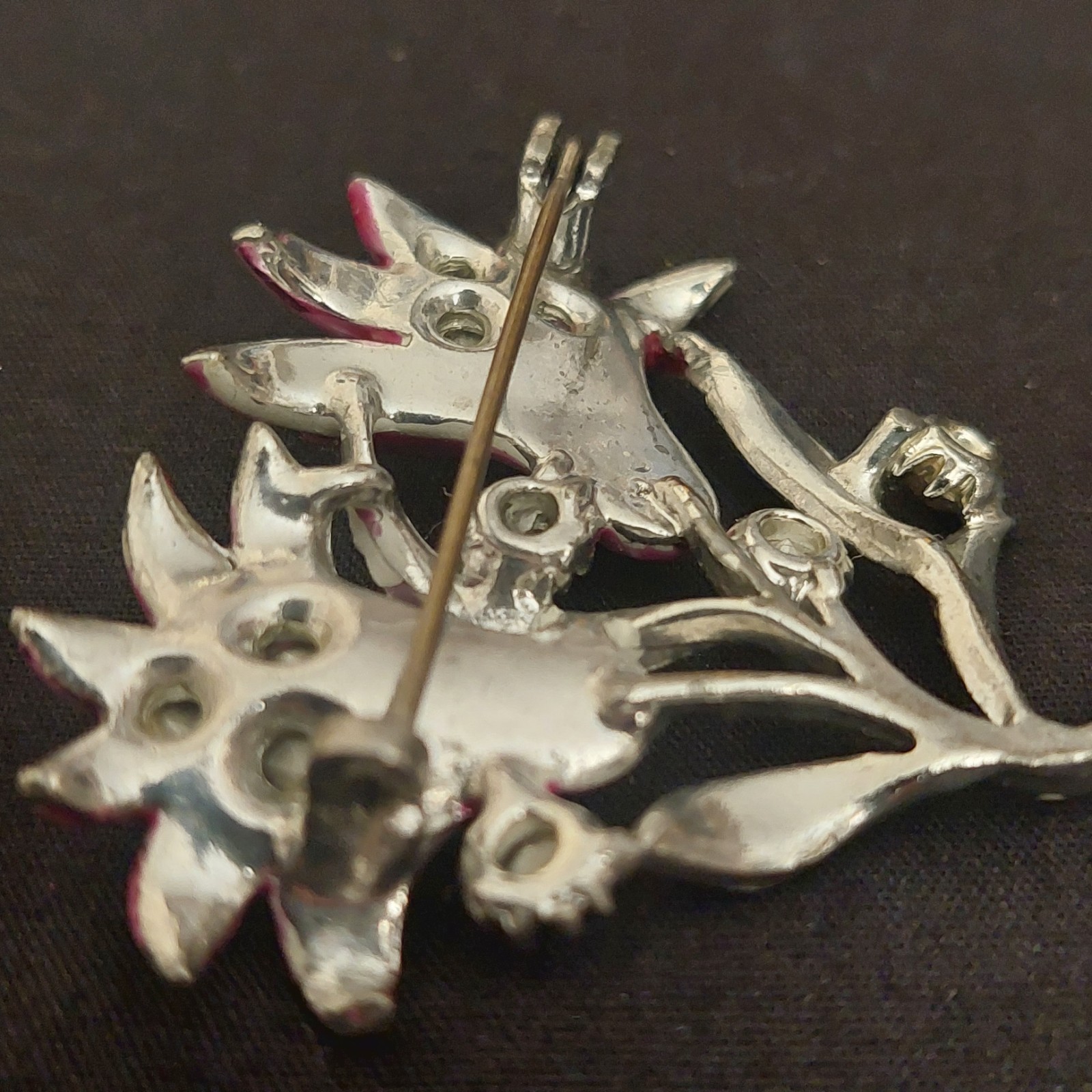 Vintage British Pink Green Guilloche Enamel Lily Rhinestones Flower Brooch