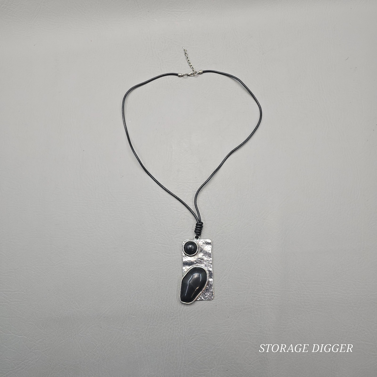 Vintage Silver Tone Metal with Black Onyx Pendant on Cord Necklace 31″ Long