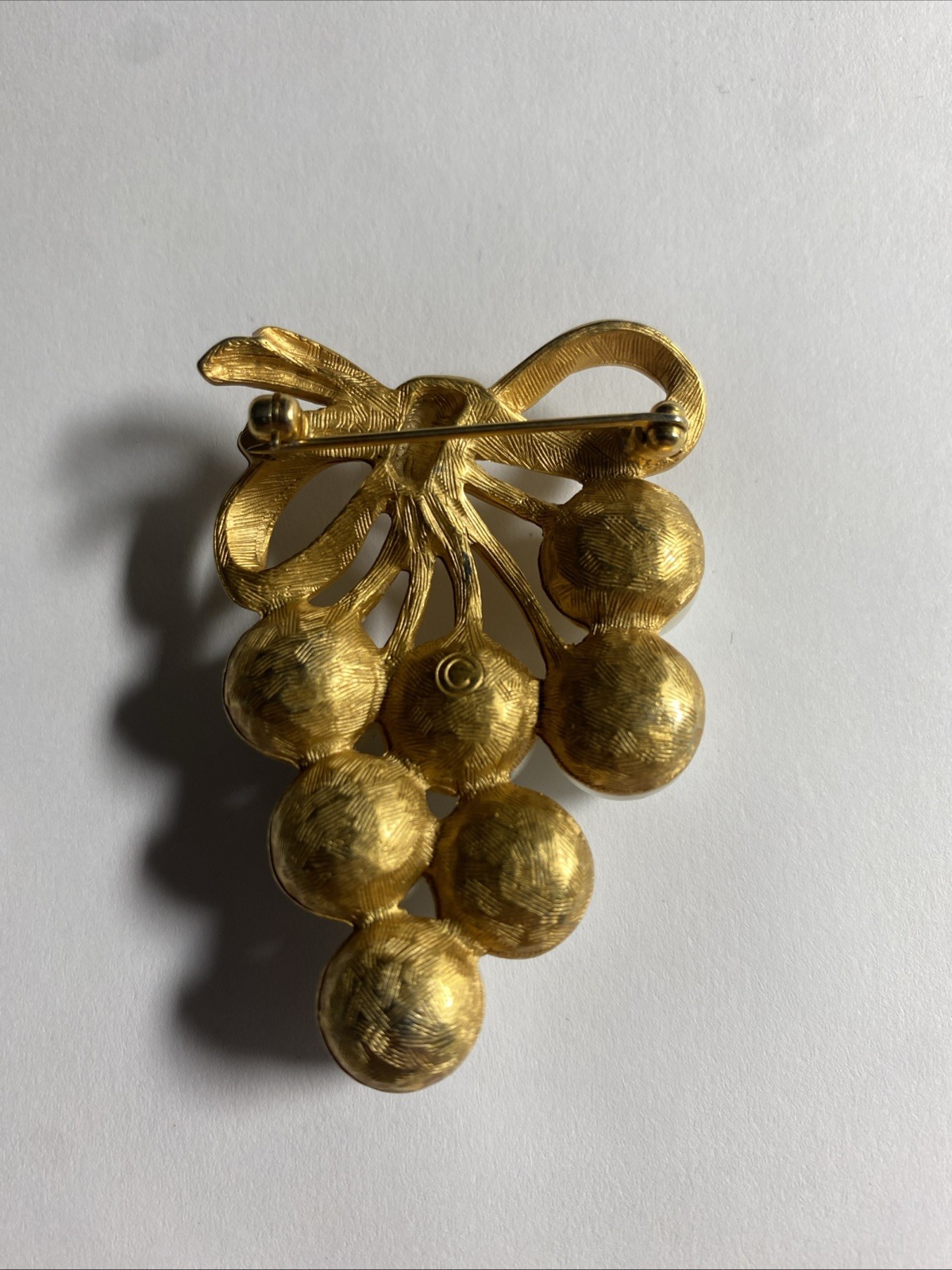 Vintage Gold Bunch of Grapes Brooch with Faux Pearls and Bow