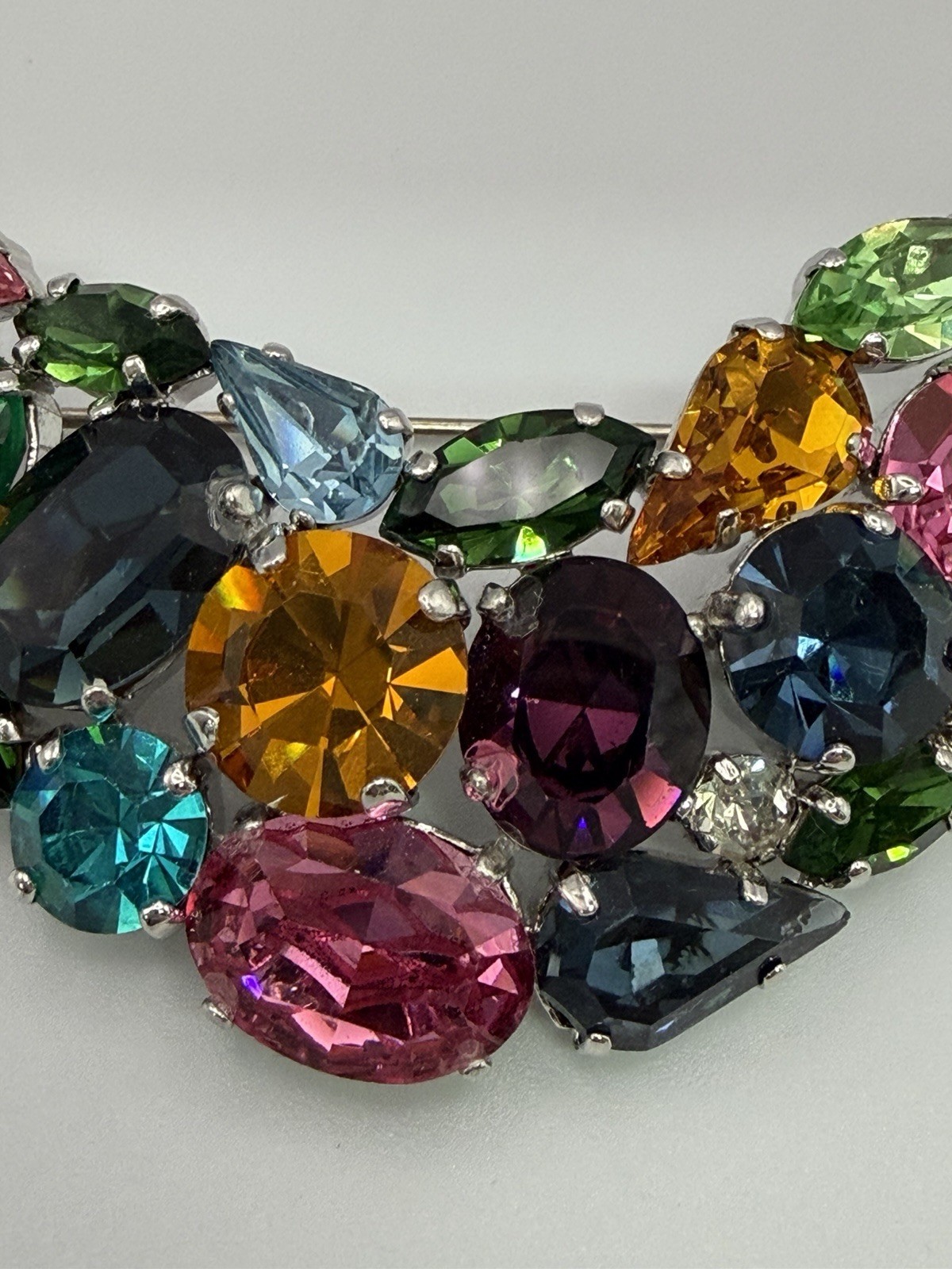 Lg Vintage Austrian Crystal 70s Brooch Brilliant Sparkling Multicolour & Shapes