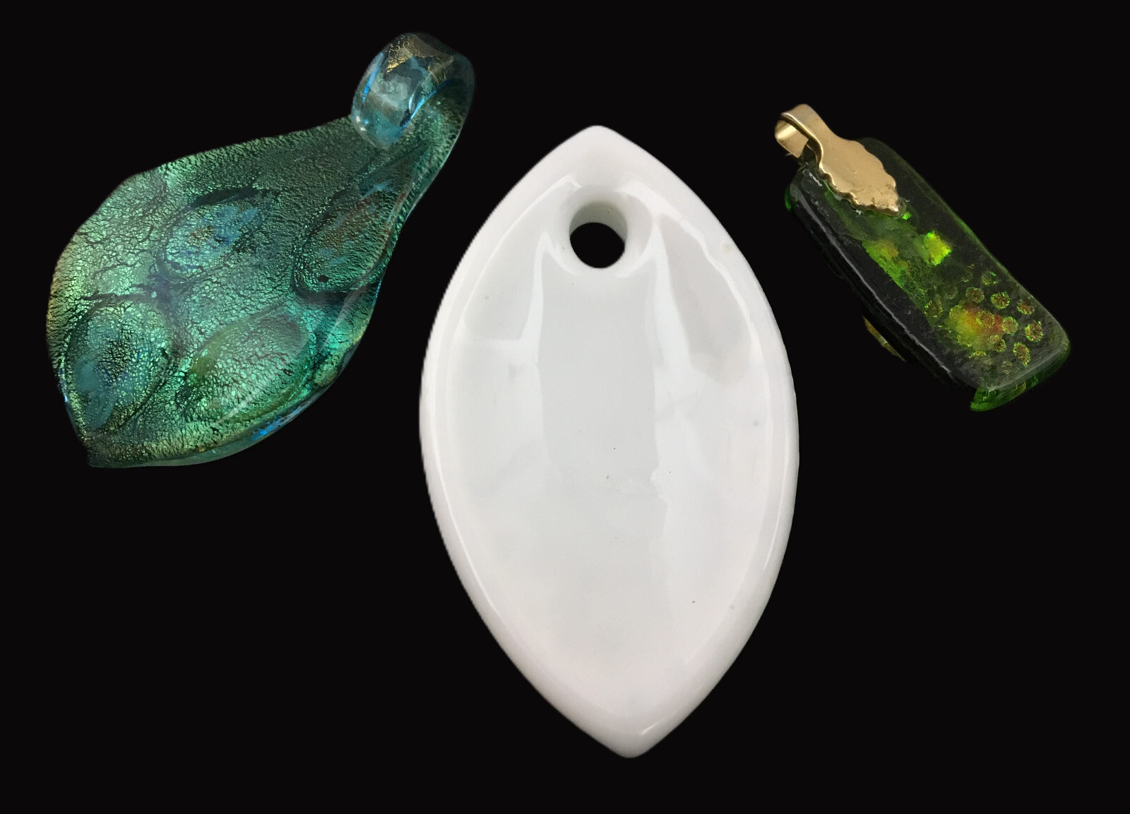 Lot of 3 Art Glass Porcelain Pendants Mosaic Abstract Designs Metallic Foil