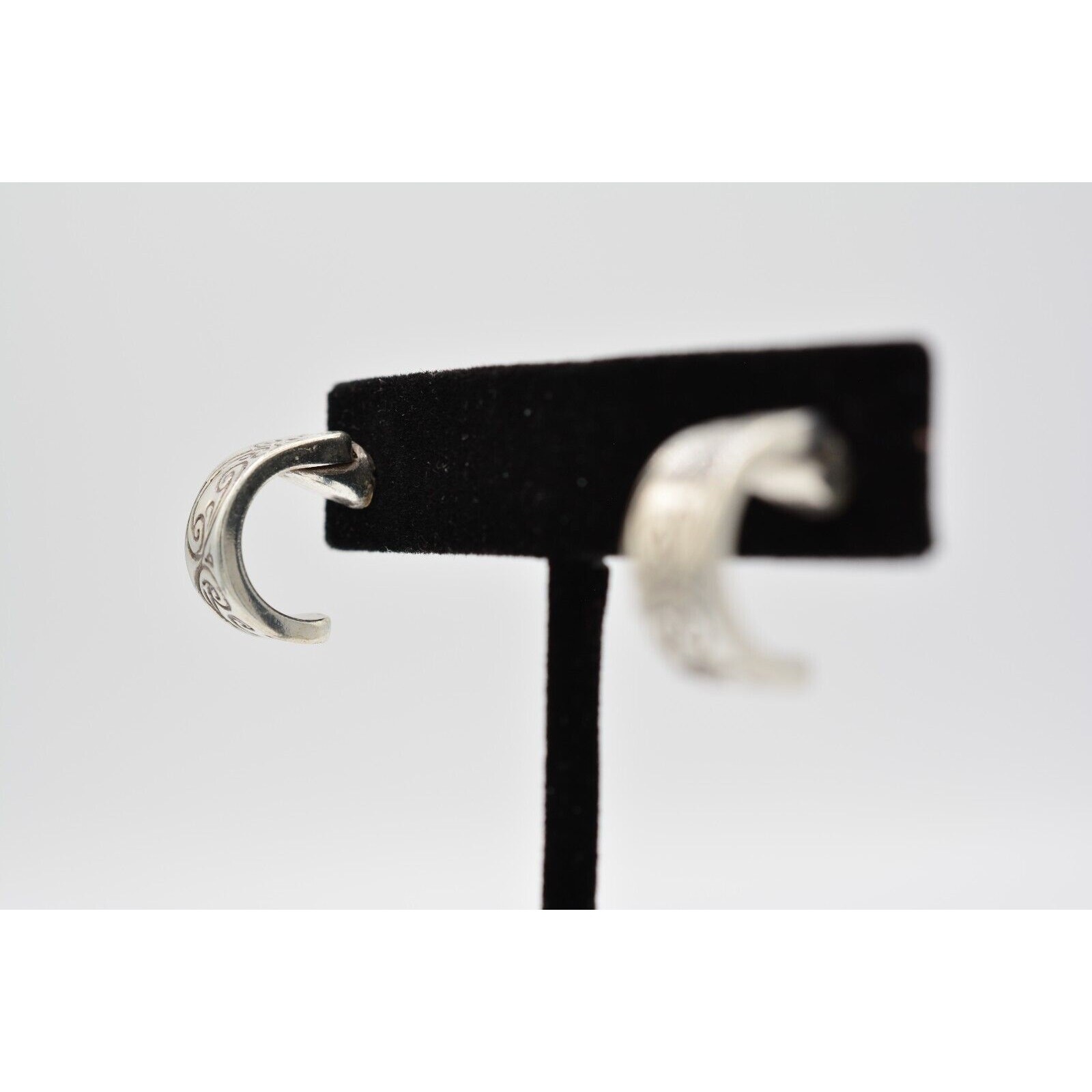 Vintage Demi Hoops Earrings Dangle Drop Etched Design Silver Tone 1990s BinH