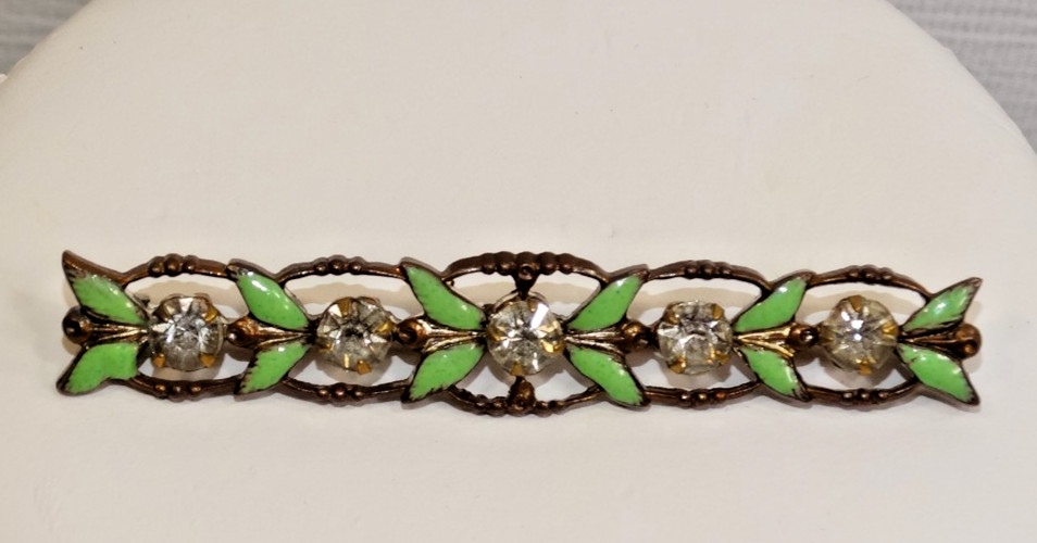 C40 VINTAGE RHINESTONE ENAMEL METAL BAR BROOCH CLEAR STONES WIRE FRAME UNSIGNED