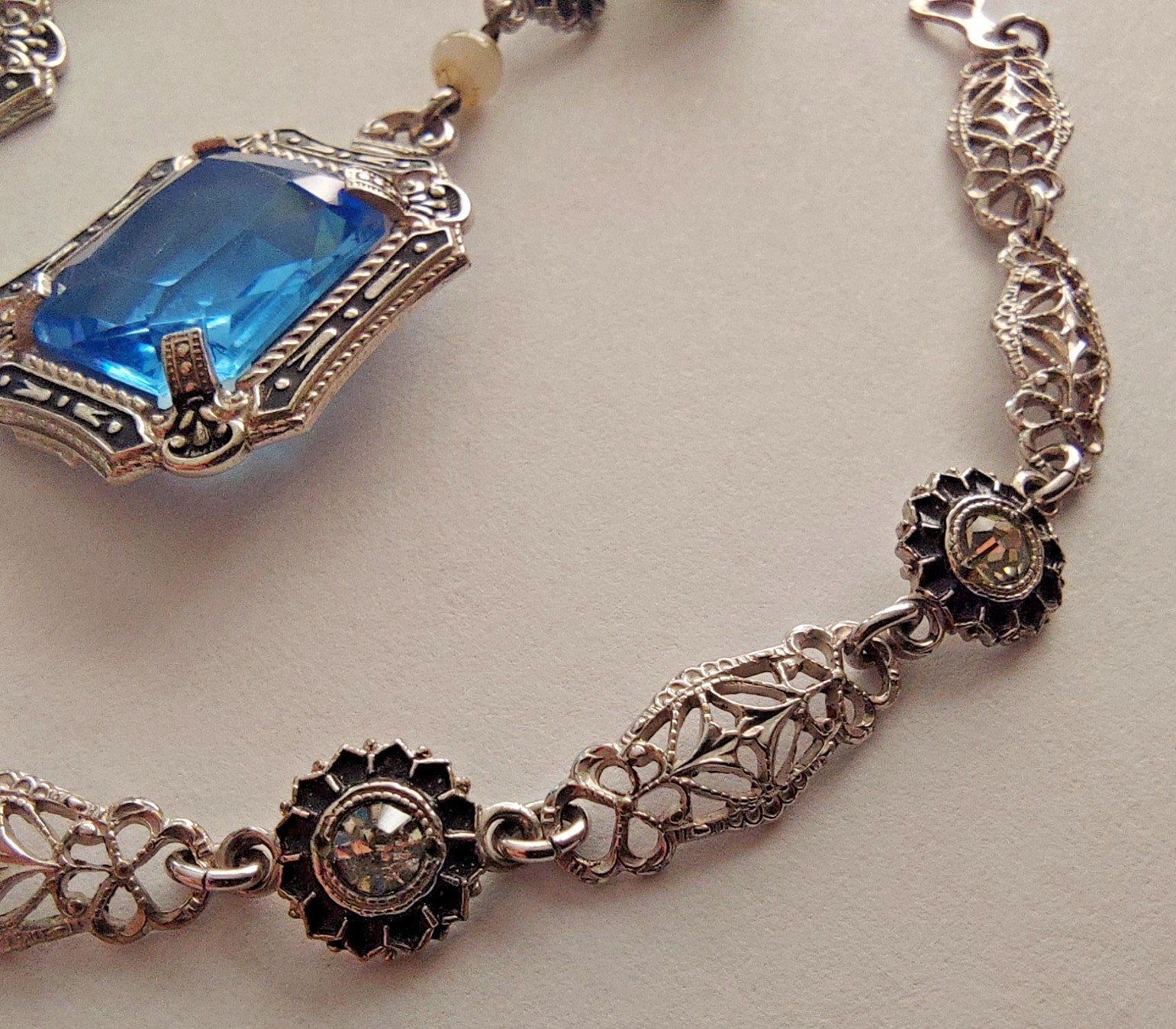 Antique Art Deco Blue Faceted Glass Ornate Filigree Bracelet & Earrings Set