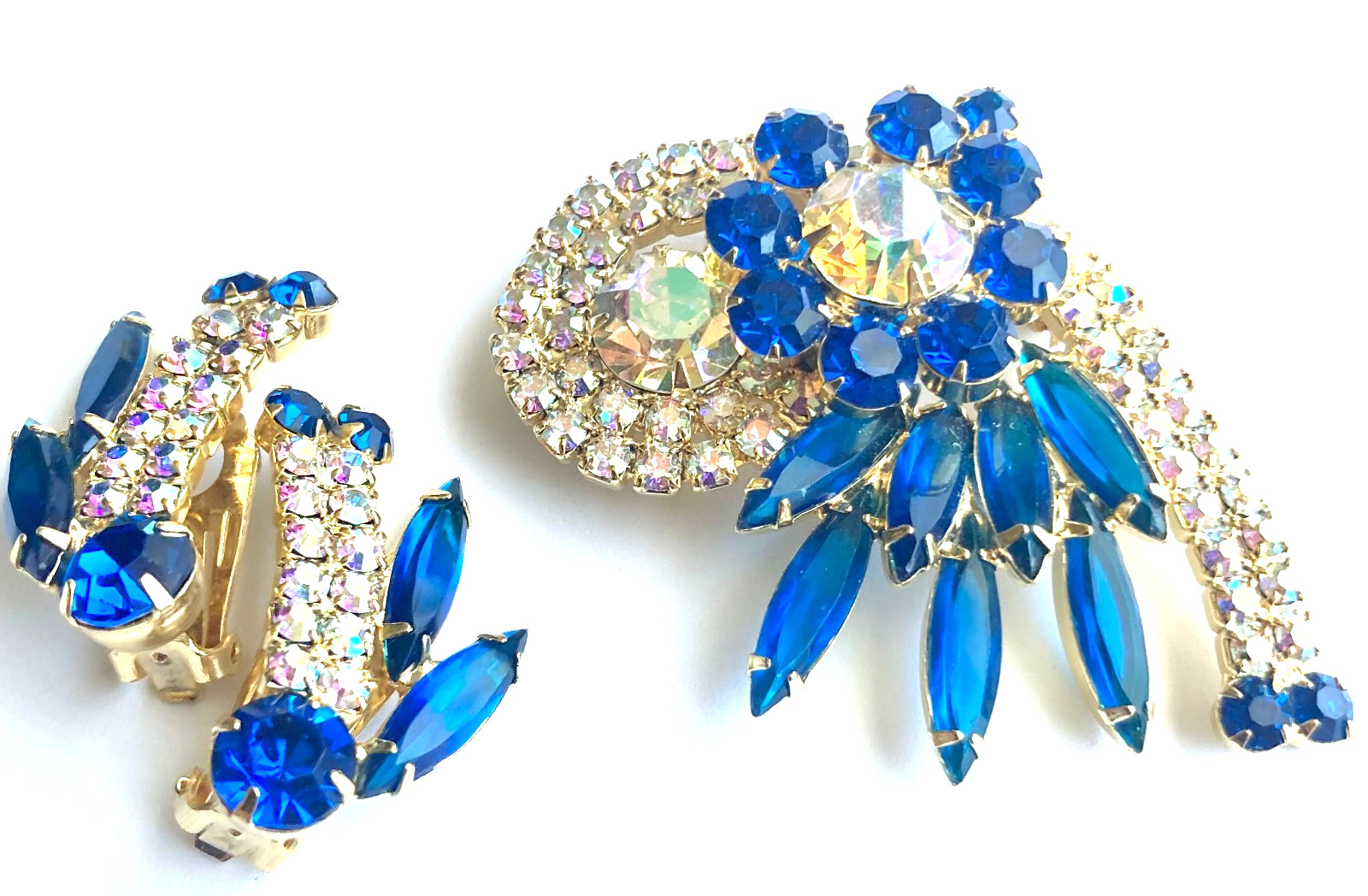 Verified JULIANA D&E Blue Open Back Navette AB Rhinestone Brooch Earring Set