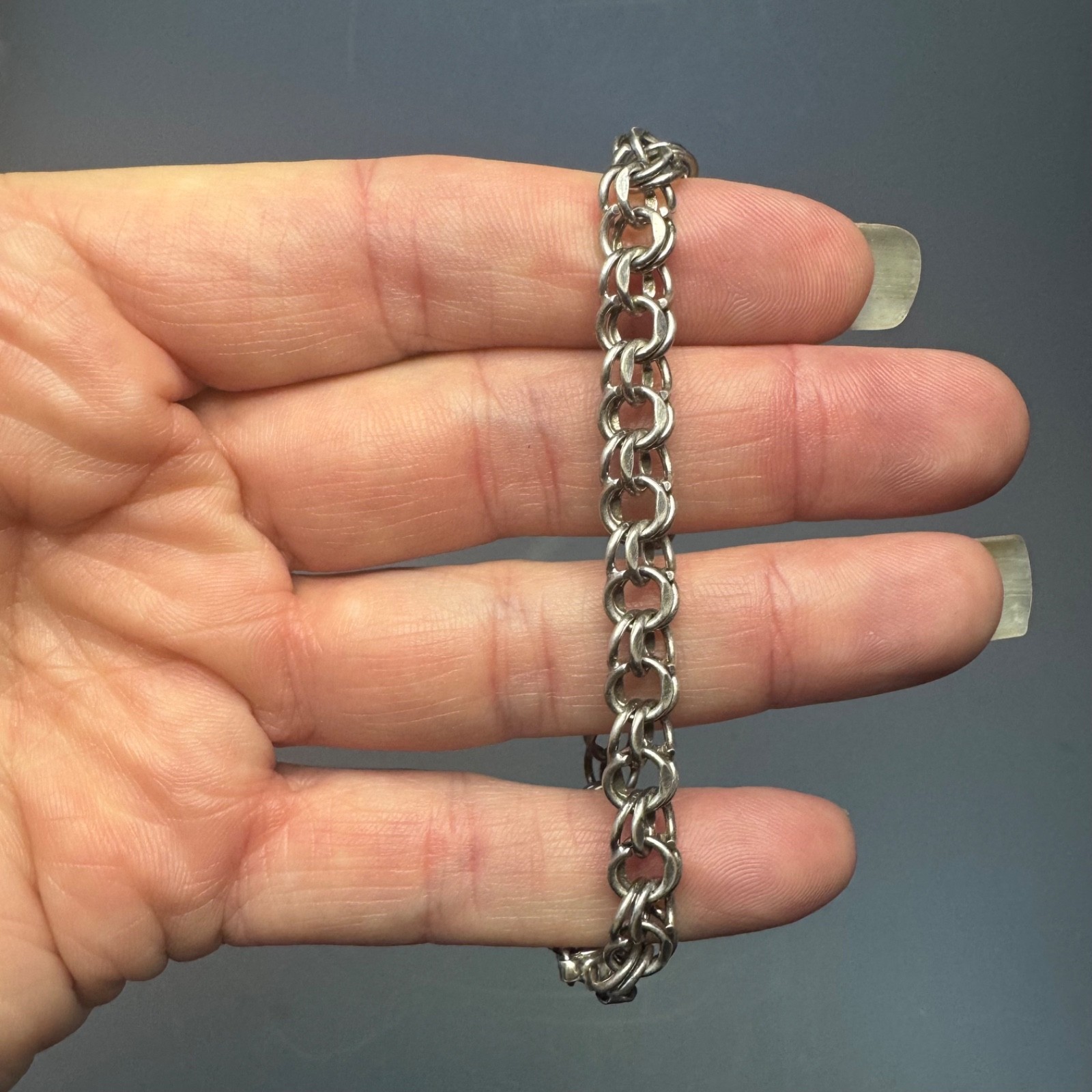 Vintage Sterling Silver Double Link Chain Bracelet 7.25″ 13.07g Box Clasp