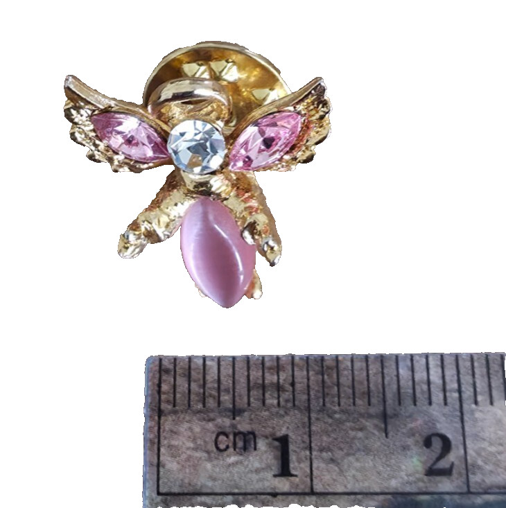 Guardian Angel Lapel Pin Hat Pink Rhinestone Cats Eye Cabochon Gold Tone w/ Halo
