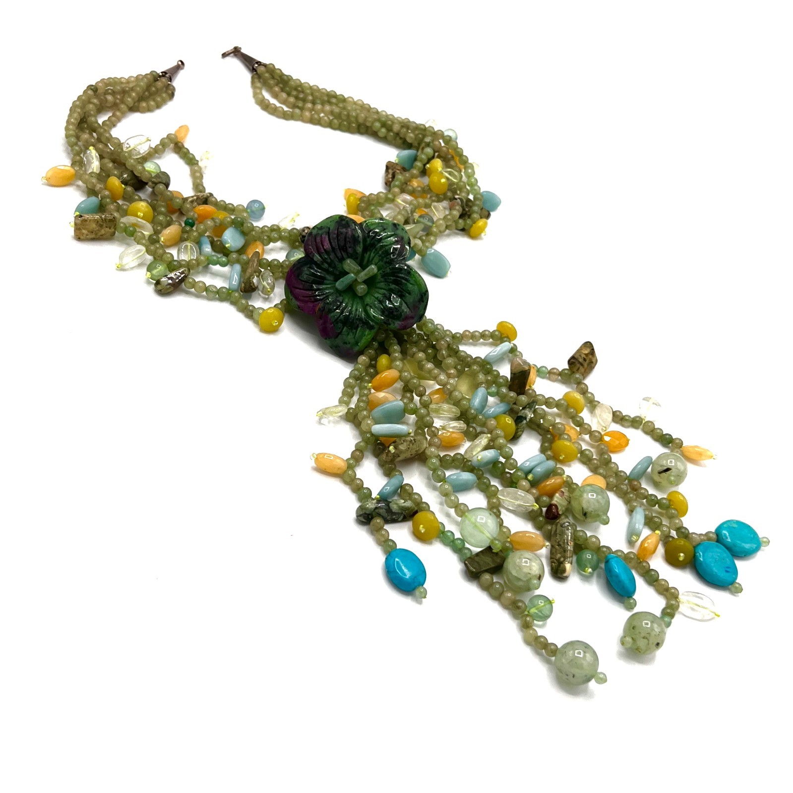 Green and Purple Beaded Flower Lariat Necklace – Mineral & Glass Bib Statement