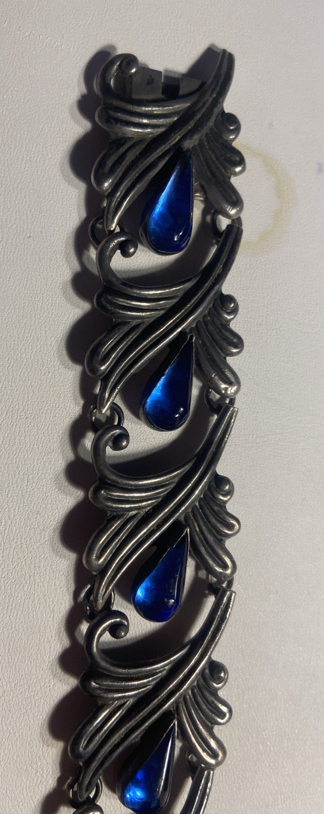 VTG Los Castillo Taxco Mexican Sterling Blue Cabochon Glass Floral Bracelet 7″
