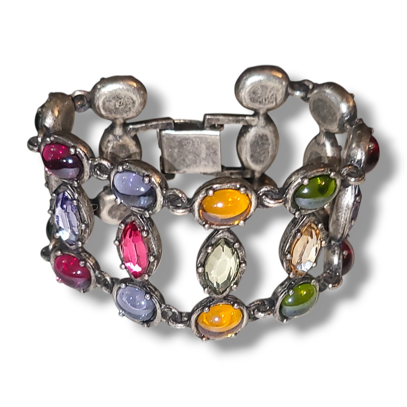 Vintage Gripoix Style Glass Cabochon Panel Bracelet 7.5″ Silver Tone Multicolor