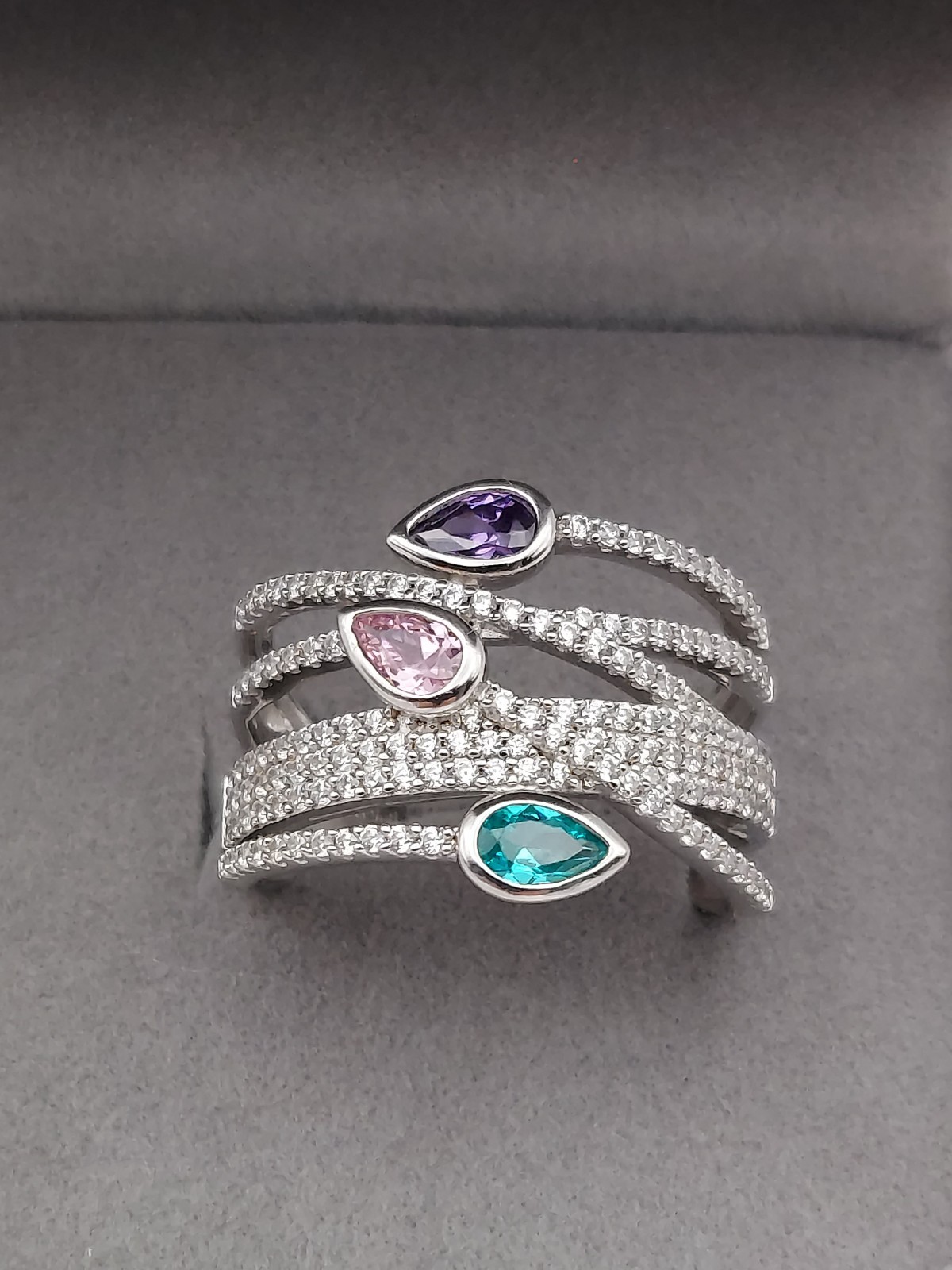 Vintage PJM 6Band Sterling Crystal Muti Color Pear Cut Gemstones Ring 5.9Gr Sz8