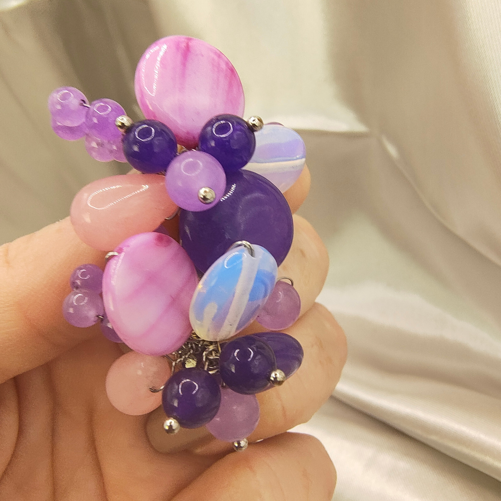 Chunky Purple Art Glass Brooch Pin Silver Tone Glass Beads Cluster Wire Abstract