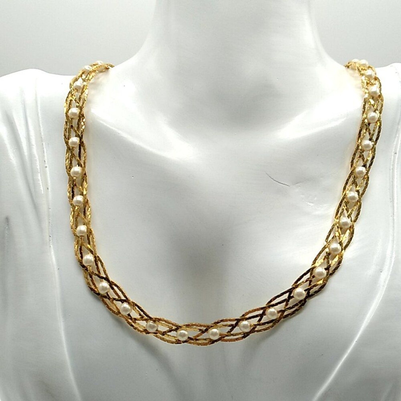 Vintage Avon Convertible Gold-tone Braided Pearl Necklace-Bracelet Silver Plated