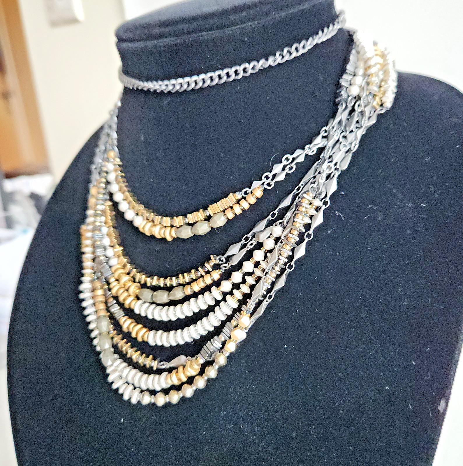 Stella & Dot Multi Strand Necklace Gold Black Silver Beaded Layered 9