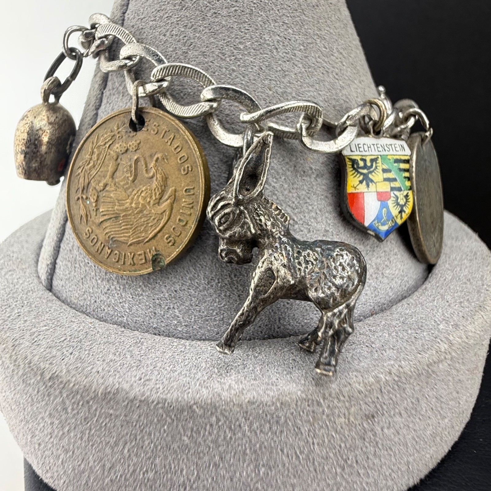 Vintage Travel Coin Charm Bracelet Europe Mexico Some 800 Silver 6.5”