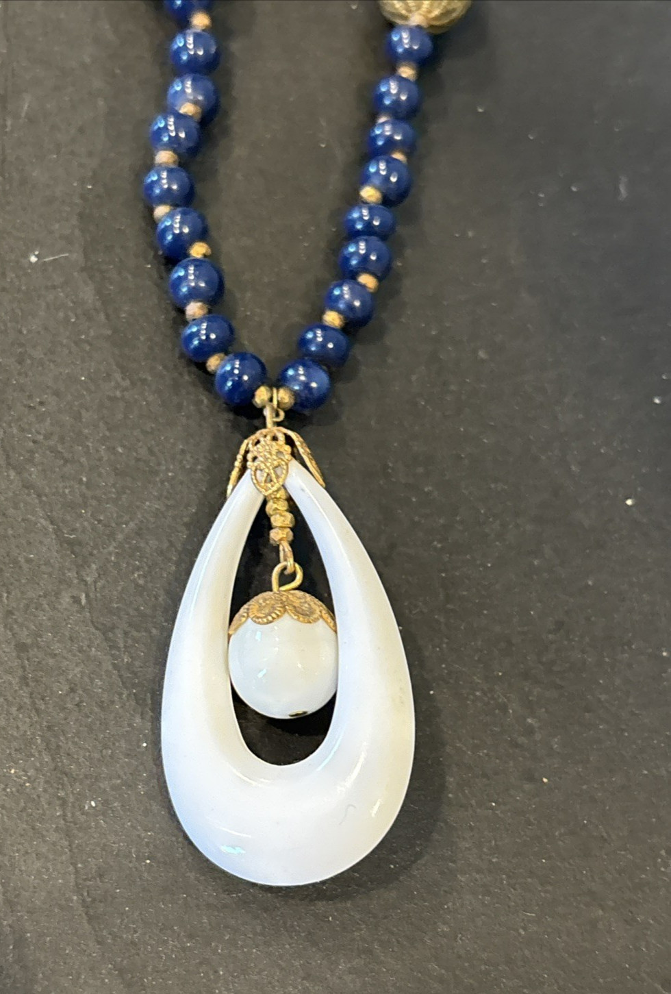 Miriam Haskell White Milk Blue Glass Plastic Beaded 19″ Necklace Patented Clasp