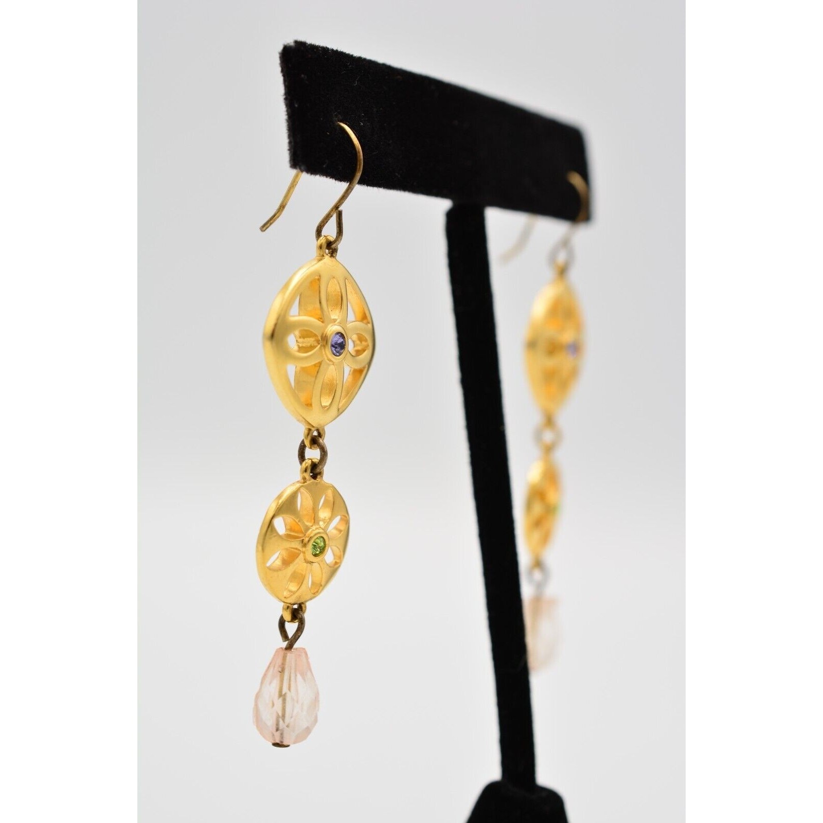 Vintage Drop Dangle Earrings Beaded Crystal Blue Purple Brushed Gold 1980s 9G