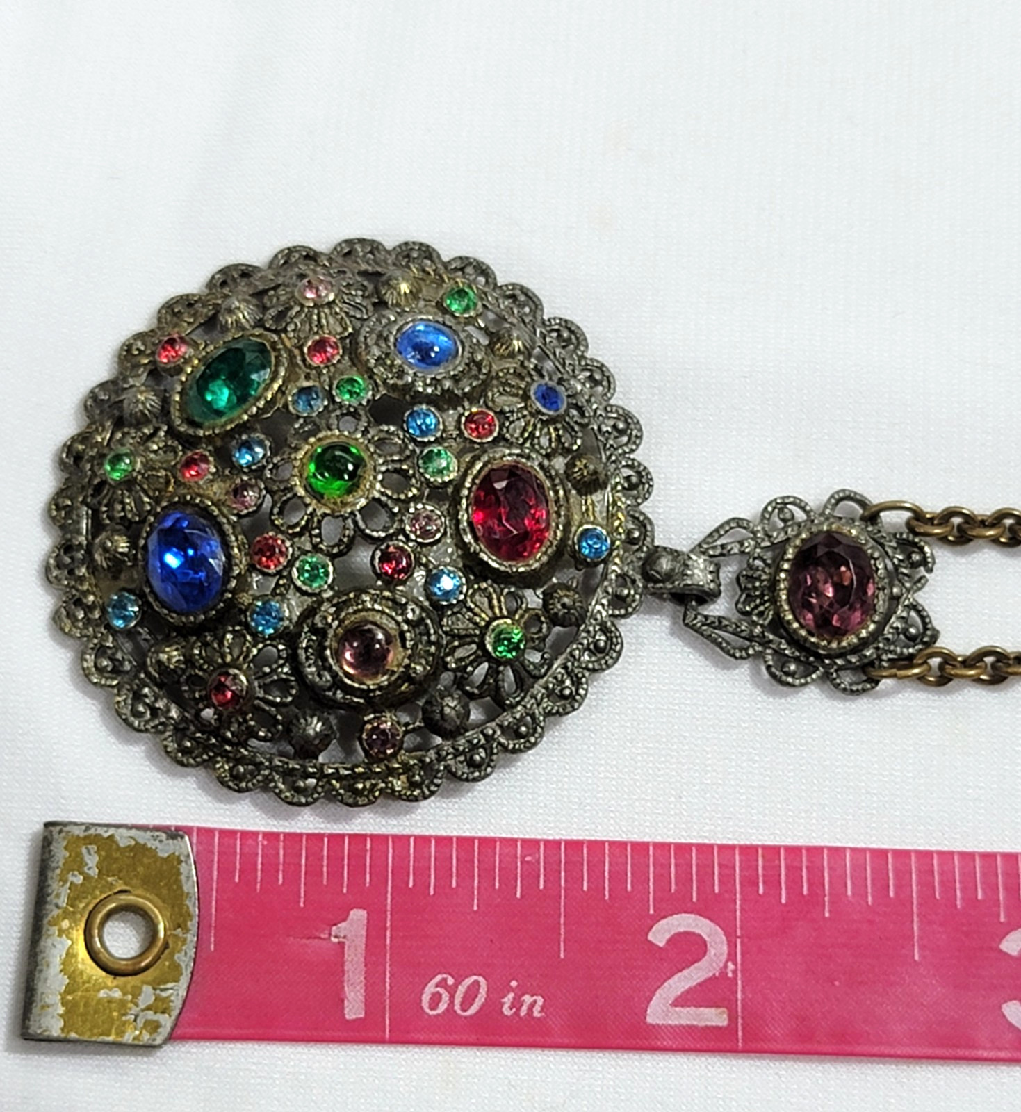 Vintage New England Glass Works Rhinestone Medallion Necklace 18″