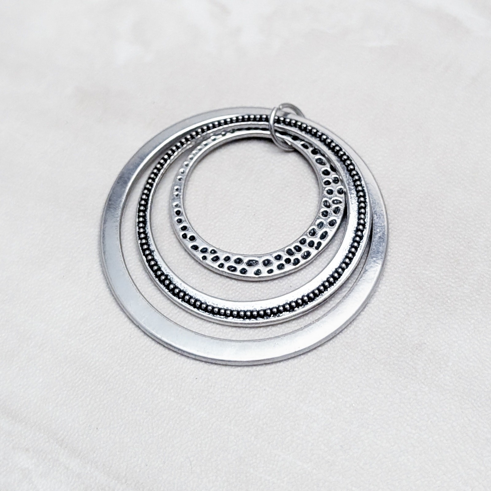 Vintage Pendant Large Silver Tone Circle with Black Details – No Chain Included