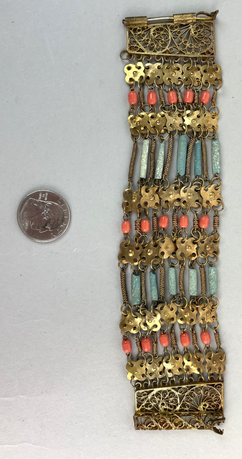 Antique 1920s Egyptian Revival Bracelet Gilt with Coral & Turquoise Beads 7.25in