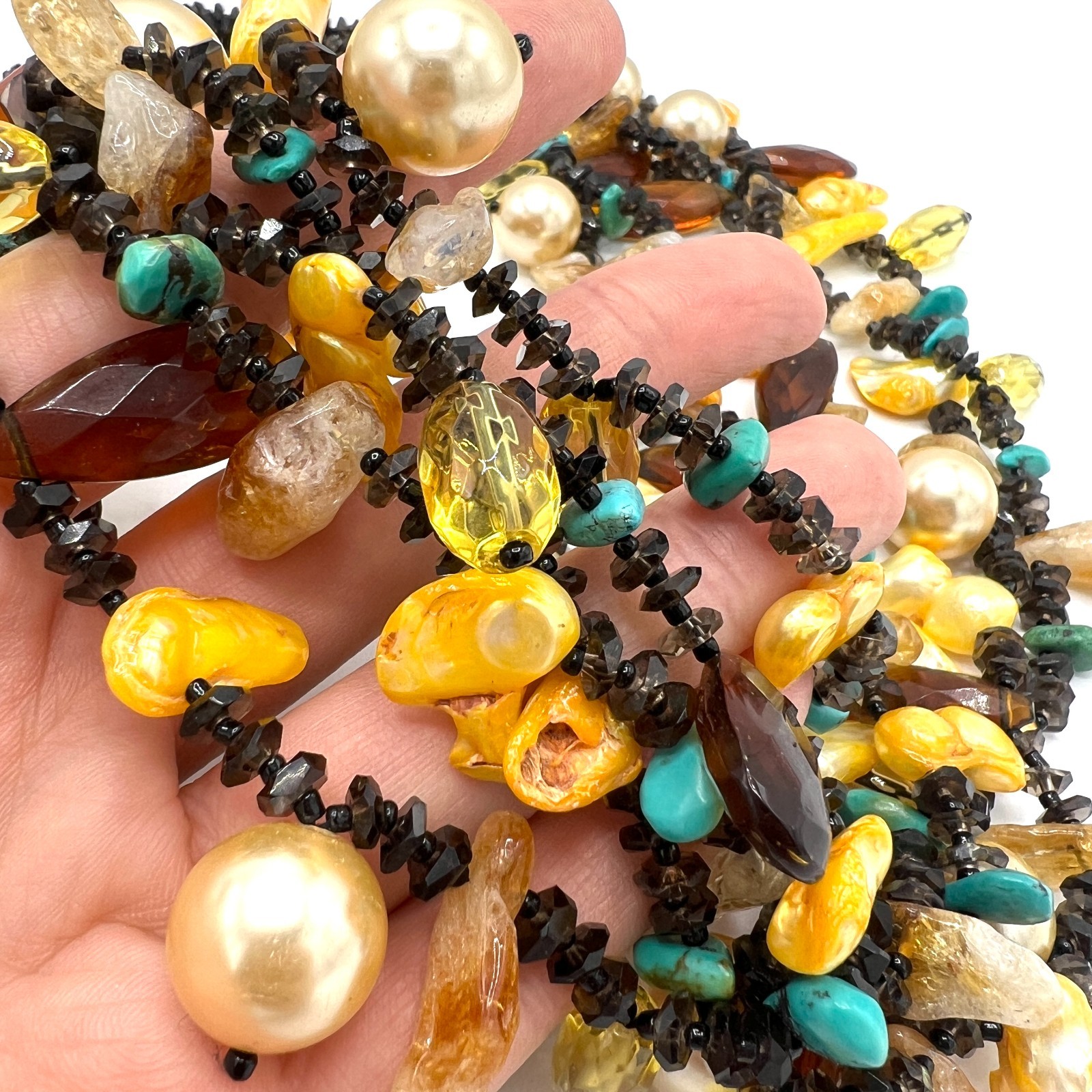 Vintage Artisan Multi Strand Necklace Carved Carnelian Flower Freshwater Pearls