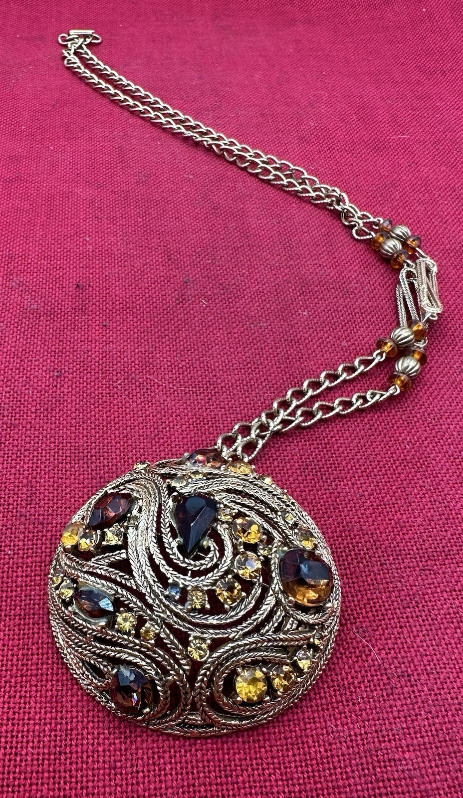 Vintage 1950’s La Roco Domed Brooch Gold Tone Braided Filigree Rhinestone 2”