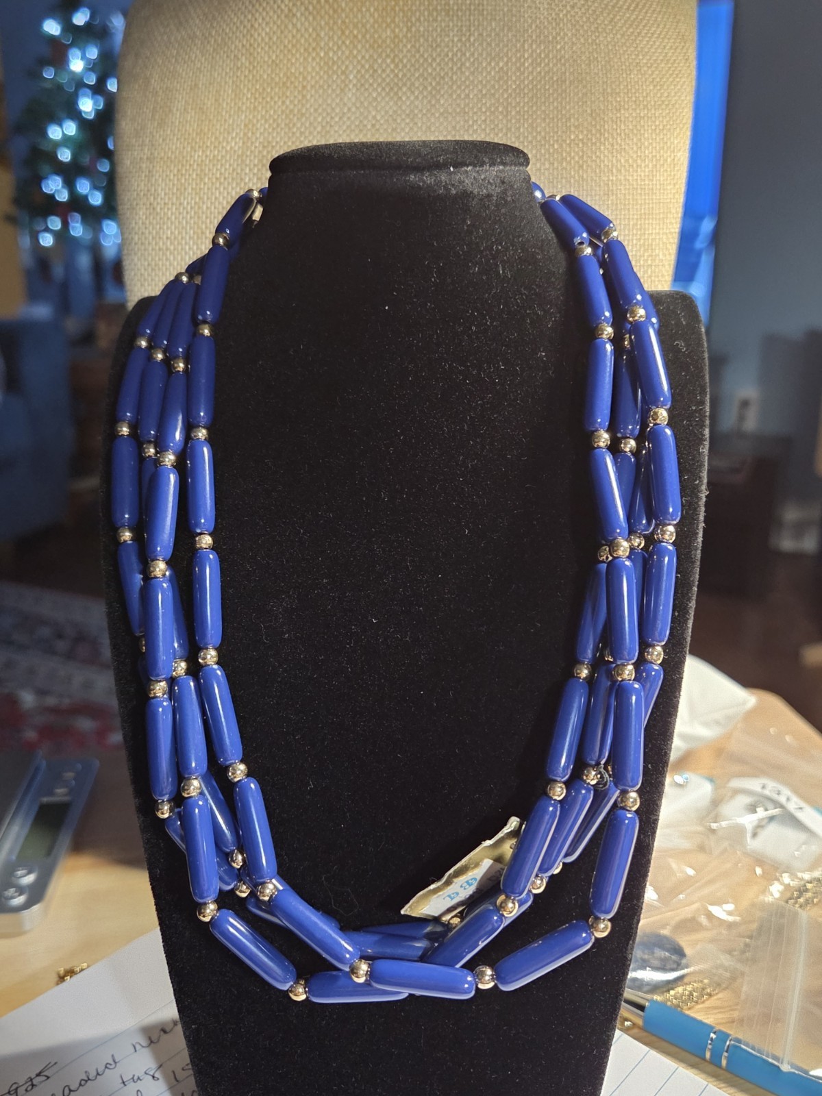 NWT Vintage Royal Blue Tacoa Lucite Beaded 16″ Necklace Gold Tone Spacers