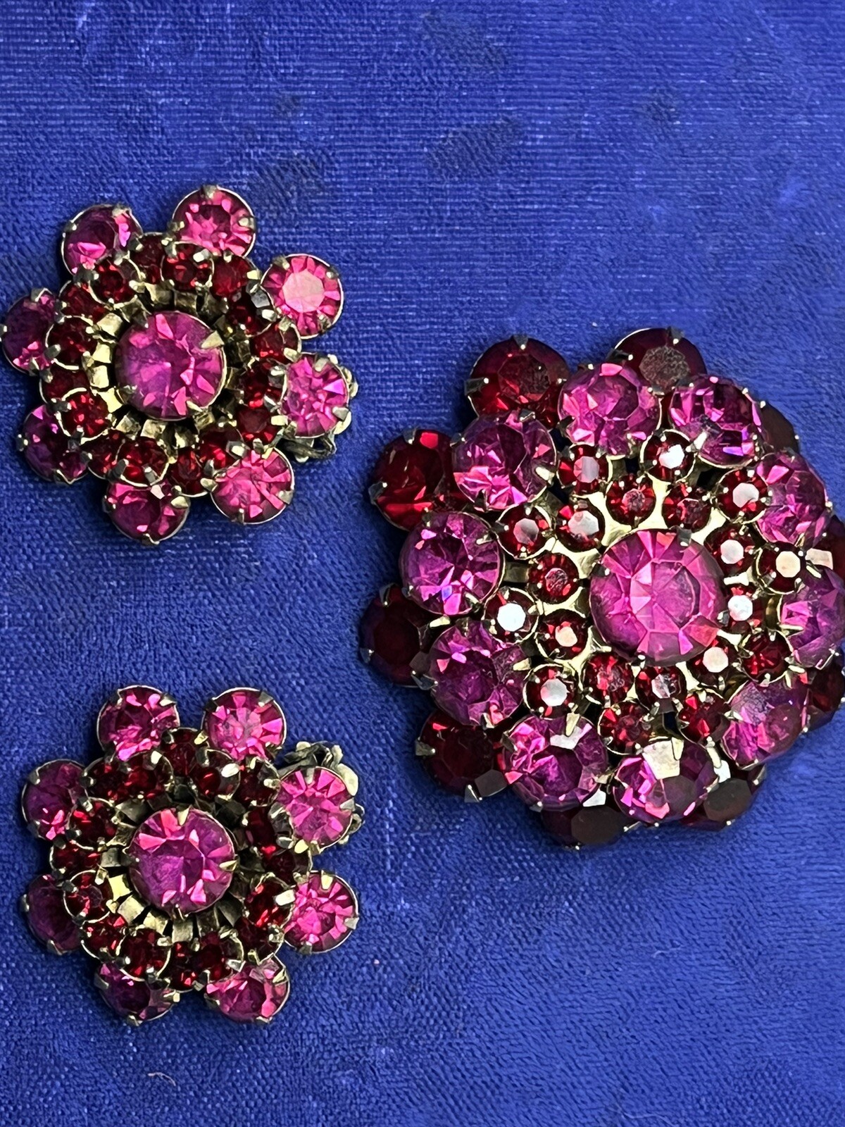 Vintage Rhinestone Dome Brooch Crystal Fuchsia Pink Red Garnet Layered Earrings