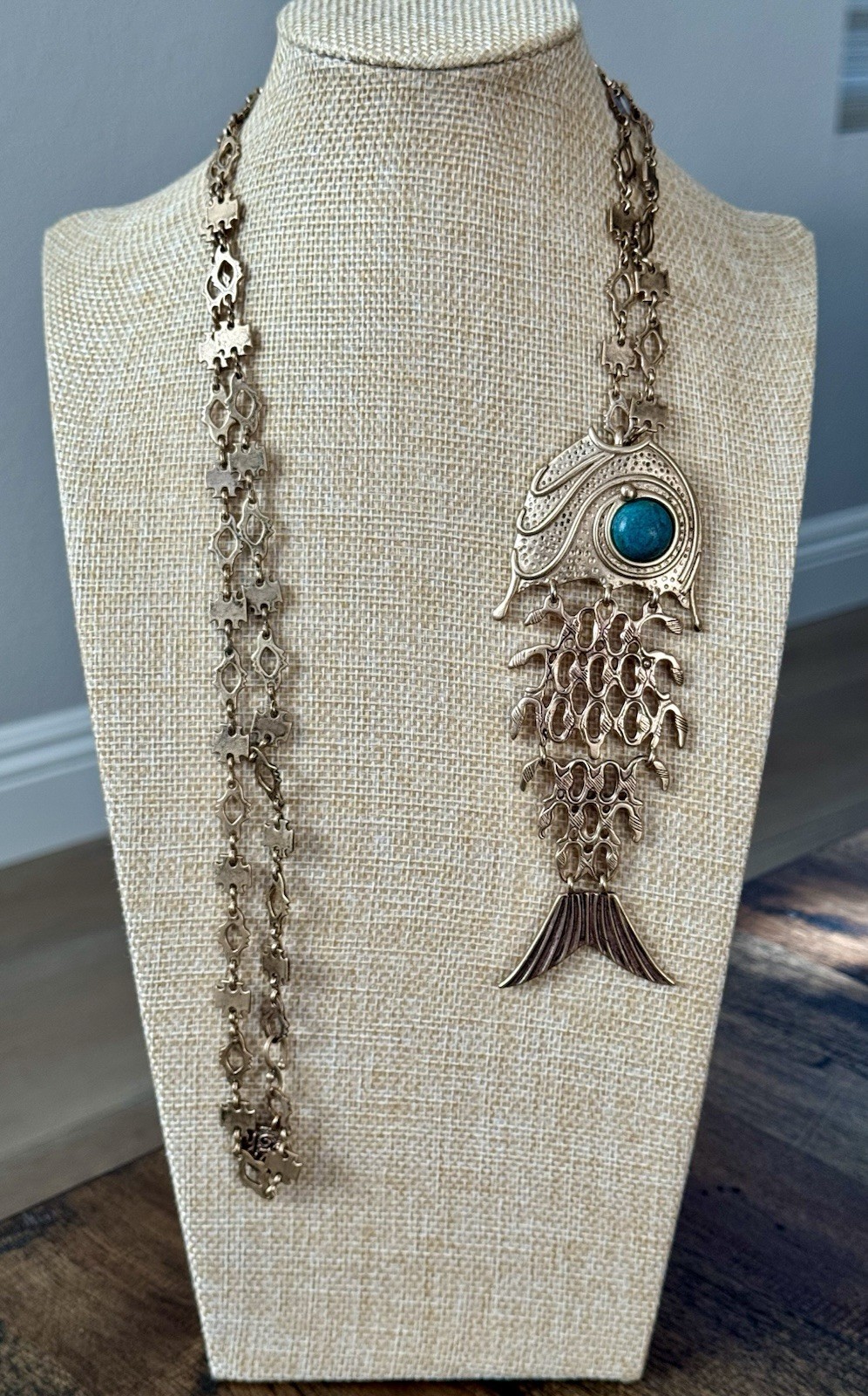 Vintage Bohemian Articulated Fish Pendant Heavy Link Chain. Gypsy Hand Made