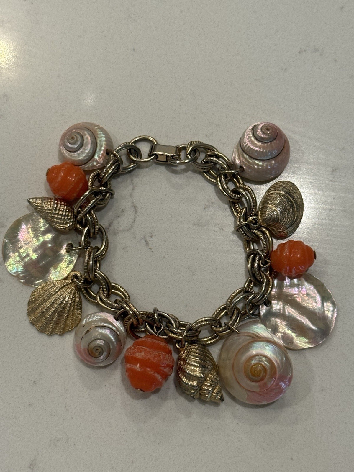 Vintage Coastal Beach Mermaid Seashell Charm Bracelet Goldtone Coral