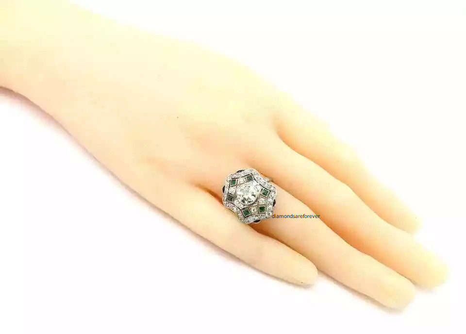 Art Deco Style Round Cut Moissanite and Emerald Engagement Ring 10K White GoldFN