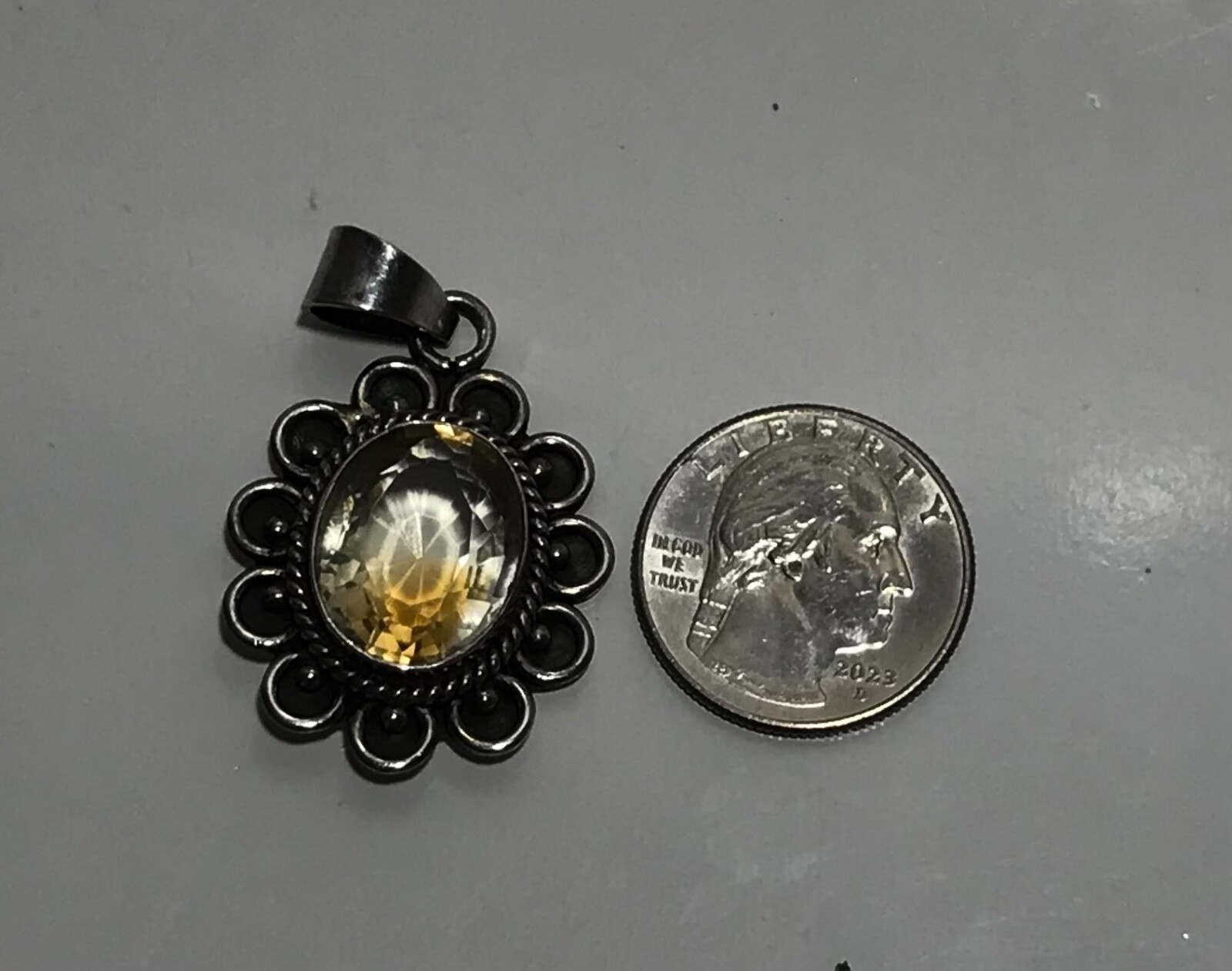 Vintage Sterling Silver 925 Lemon Quartz? Shadow Box Pendant