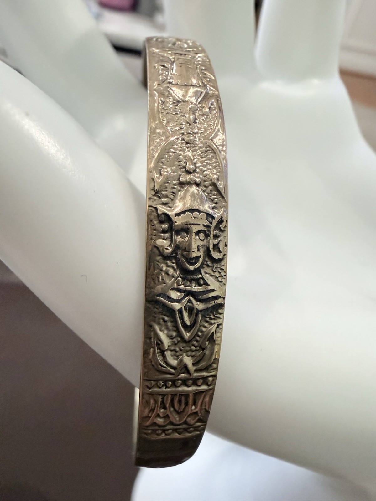 Vintage Brass Deity Torque Cuff Bangle – Hand-Engraved Bracelet, 7.25″
