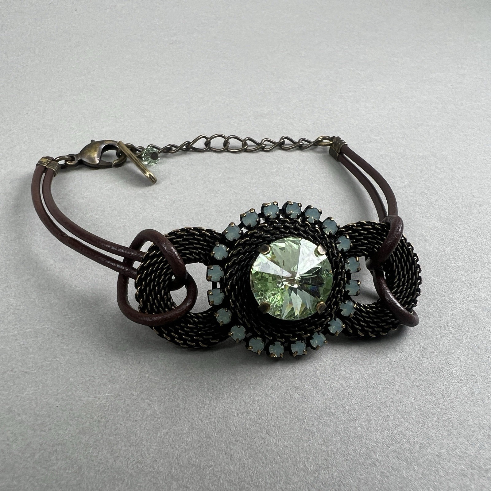 Vintage Van Galz Bracelet Leather Green Rivoli Rhinestone q3z