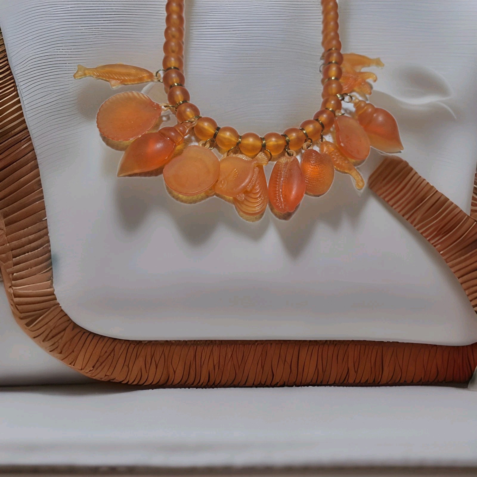 Vtg Lucite Acrylic Retro Glowing Amber Unique Beaded Necklace Shell Fish Charms