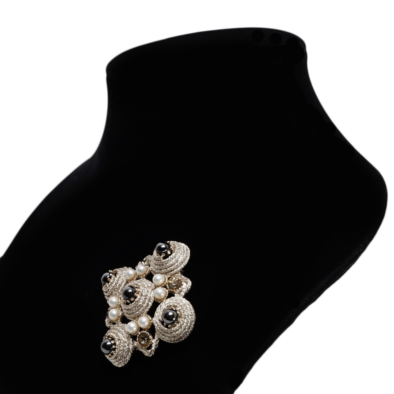 Large Silver Tone Lapel Brooch w Pyrite, Gray Crystals and Faux Pearls 2 1/4″