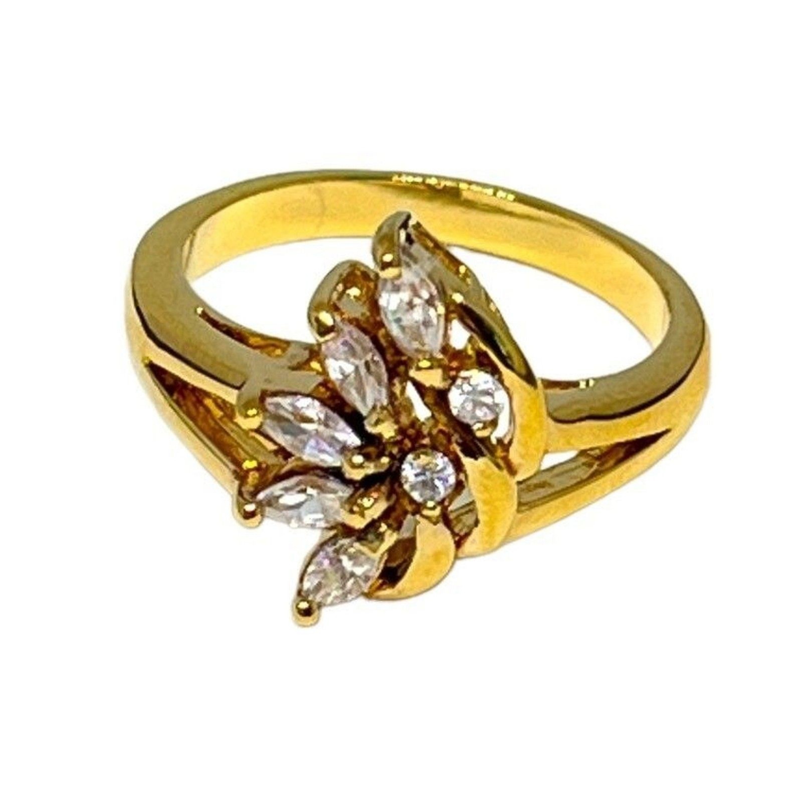 Vintage 1970s Ring Size 7 CZ Cluster Marquise Prong Set Gold Plated – 14I