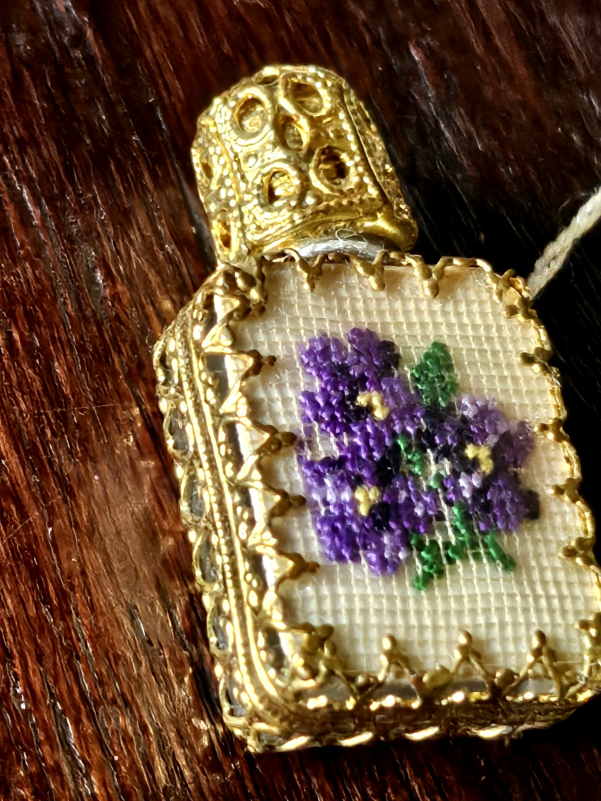 Vintage Austrian Petit Point Filigree Gilt Glass Perfume Bottle W/ Original Ta