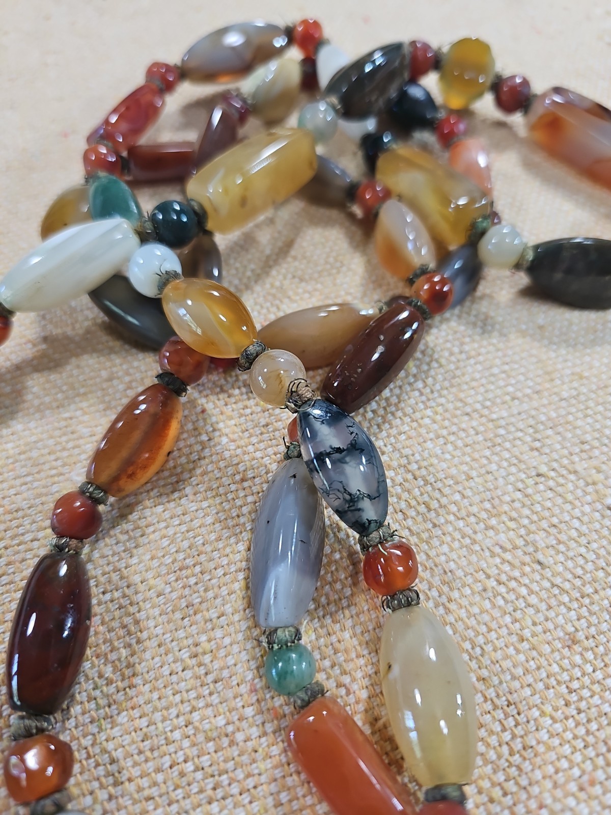 VTG Beggar Bead Genuine Stone Hand Knotted 60″ Necklace Agate Jade Carnelian
